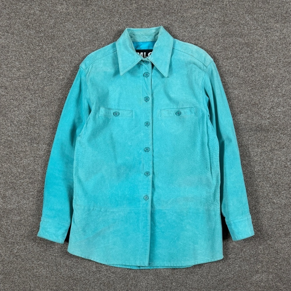 Vintage Blue Suede Genuine Leather Button Up Shirt Jacket Women‎ S Shacket Retro